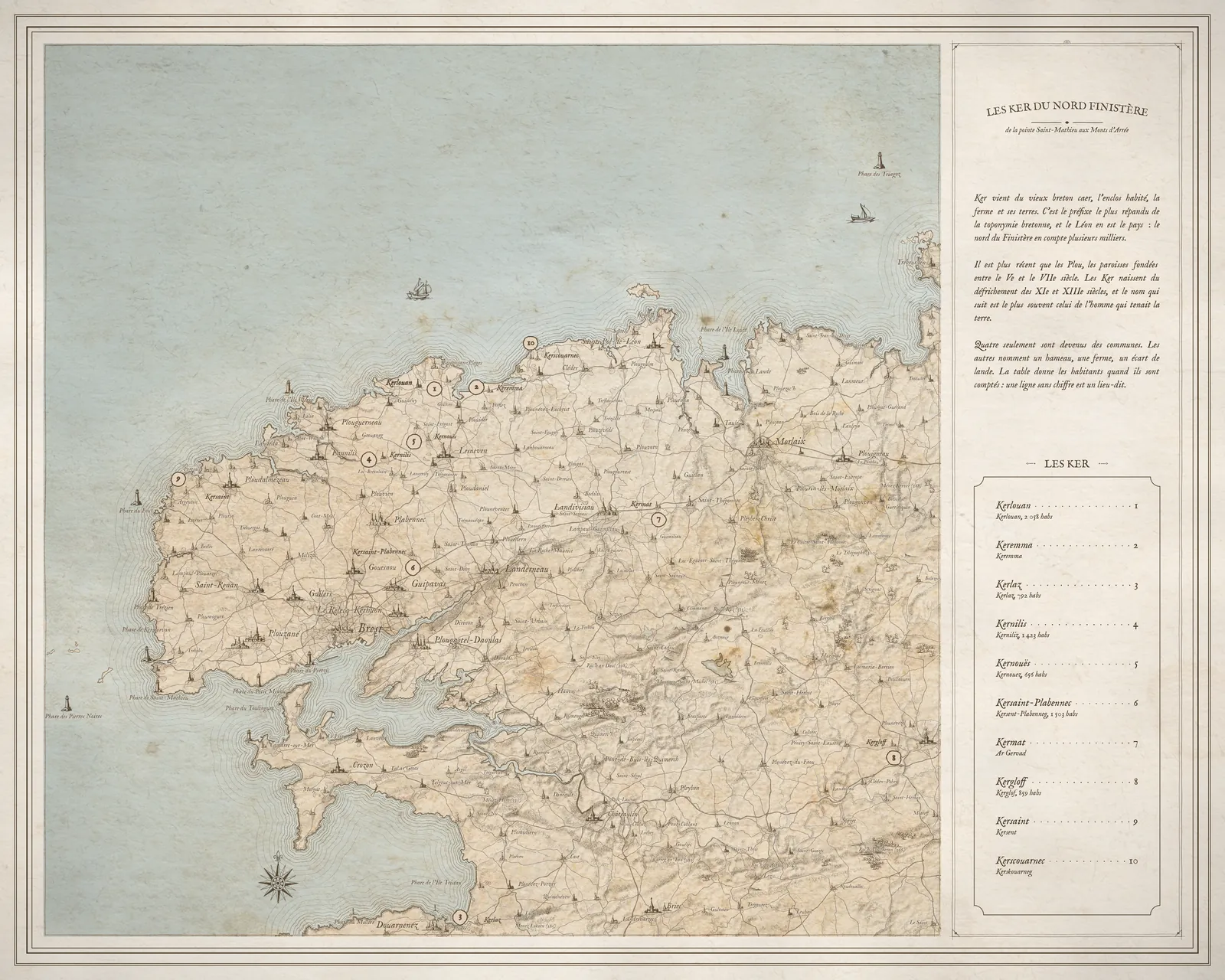 Affiche « Les Ker du Nord-Finistère », avec son cartouche et sa table des lieux.