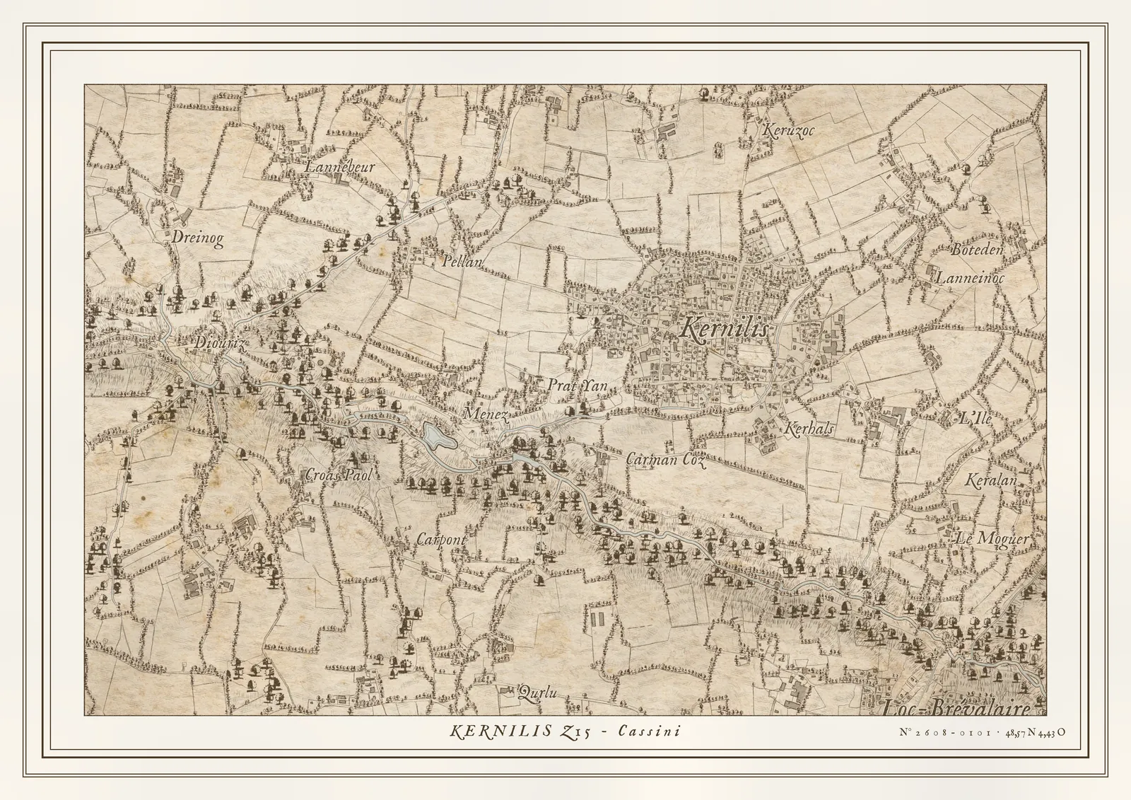 Le même Kernilis en style Cassini, burin et lavis du XVIIIe siècle.