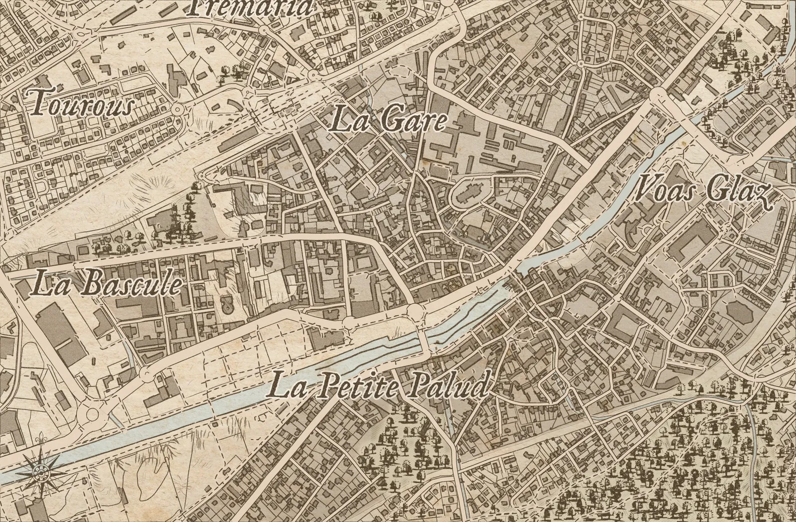 Le centre de Landerneau gravé à l'échelle des rues, septembre 2026.
