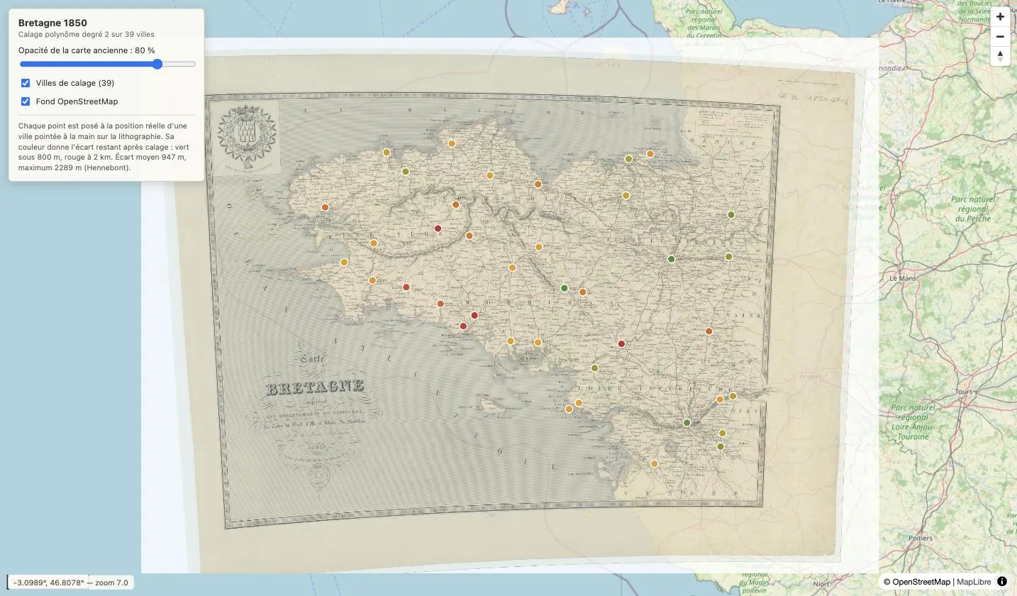 La carte calée sur OpenStreetMap par 39 villes, août 2026. L'écart moyen approche un kilomètre.