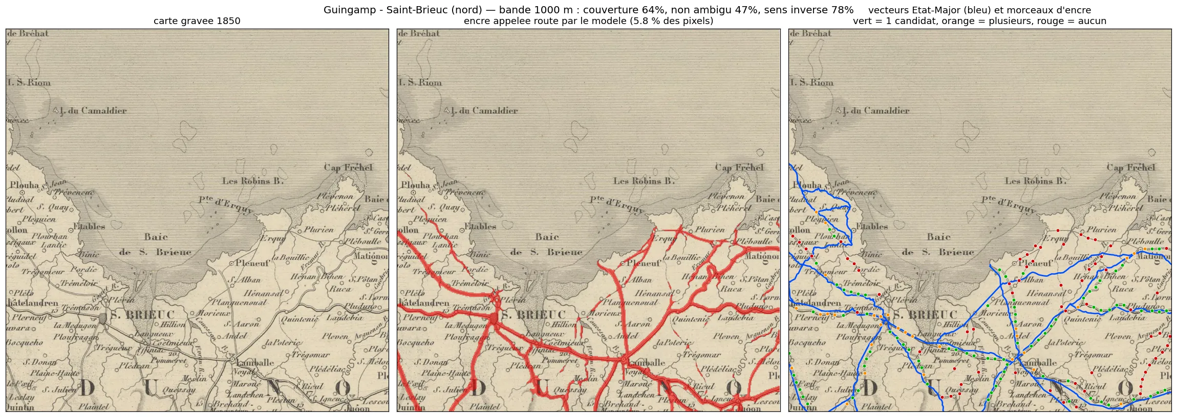 Saint-Brieuc, août 2026 : la carte, les routes vues par le modèle, les routes de l'état-major.