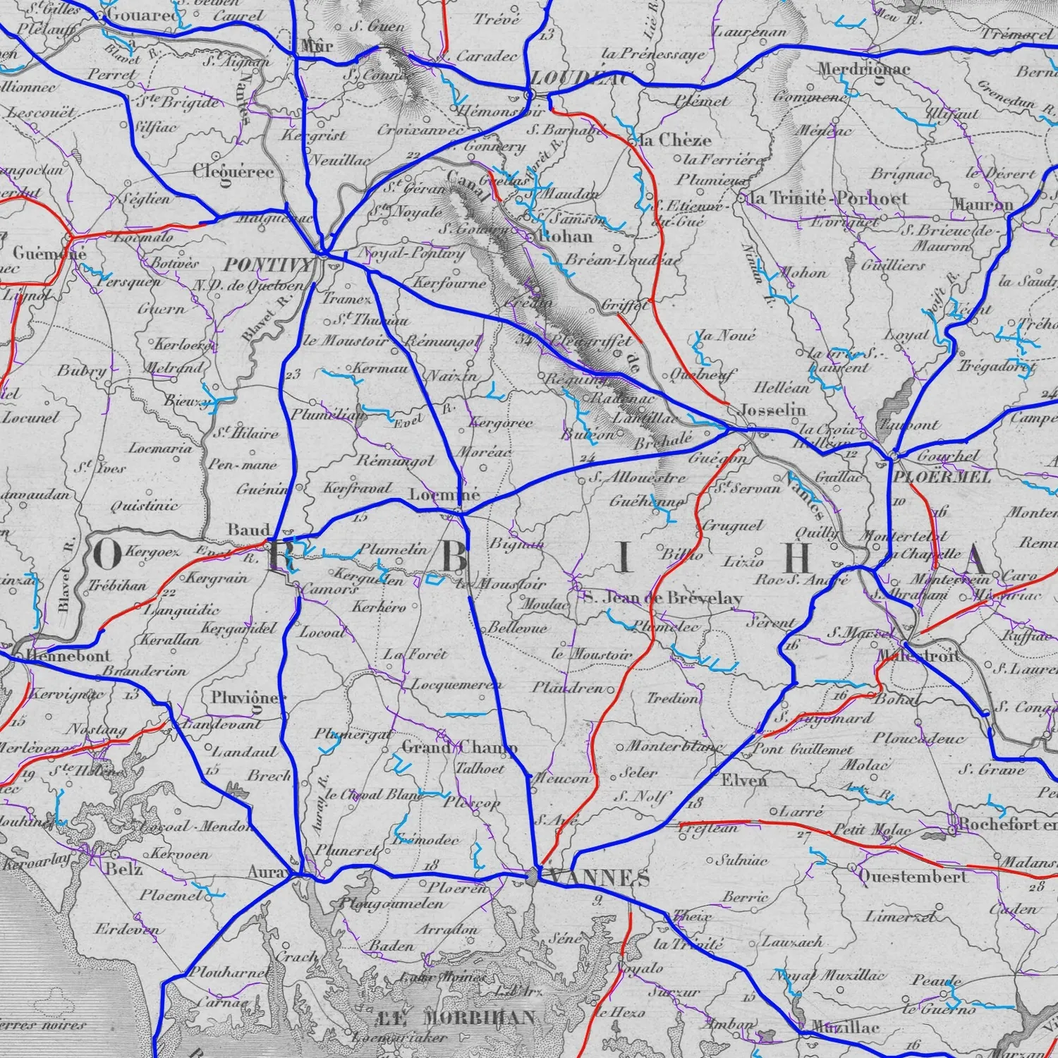 Pontivy, Josselin et Vannes, mars 2026 : les tracés détectés sur la carte passée en gris.