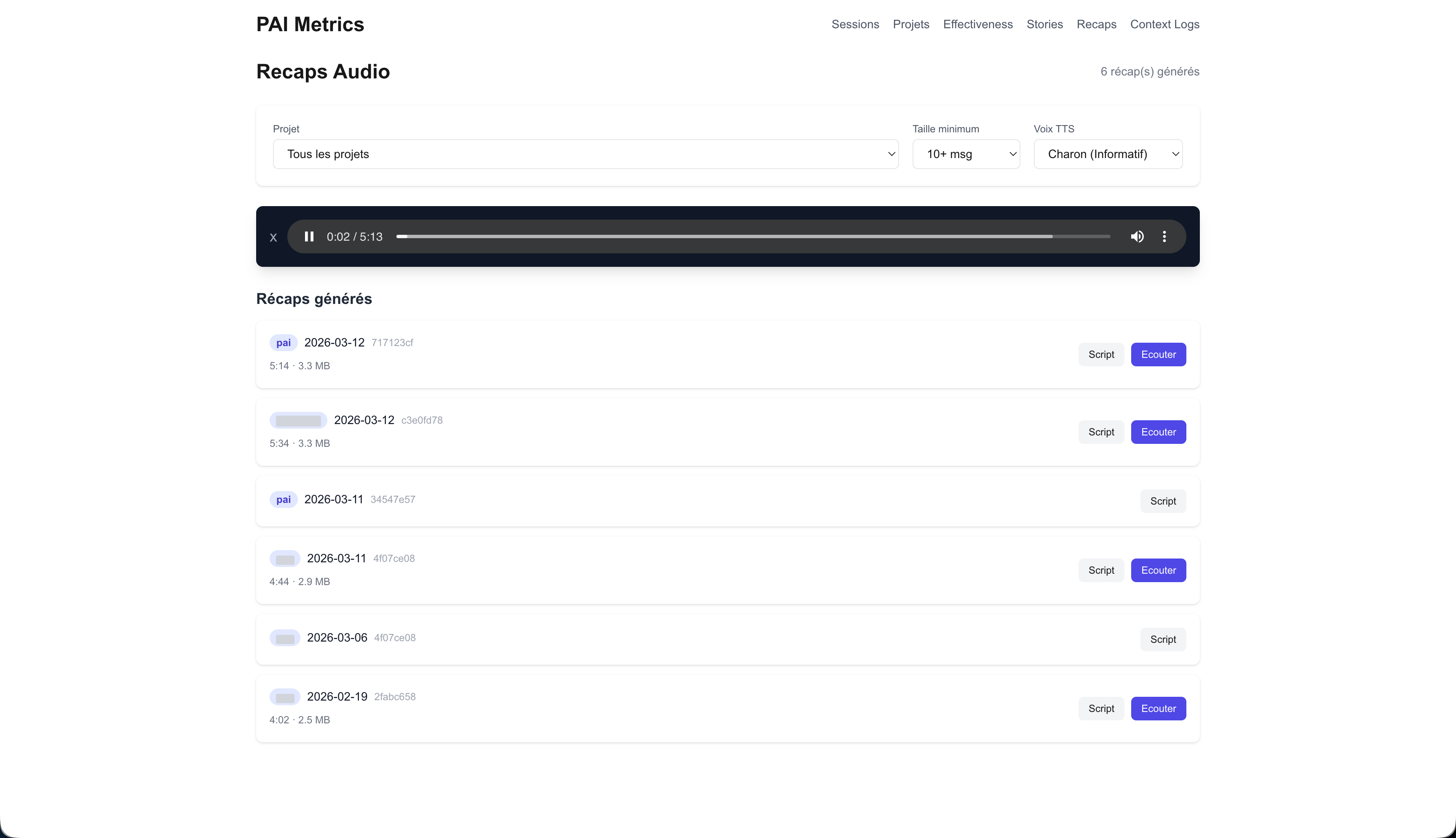 Recaps audio : récapitulatifs générés par projet, écoute et scripts