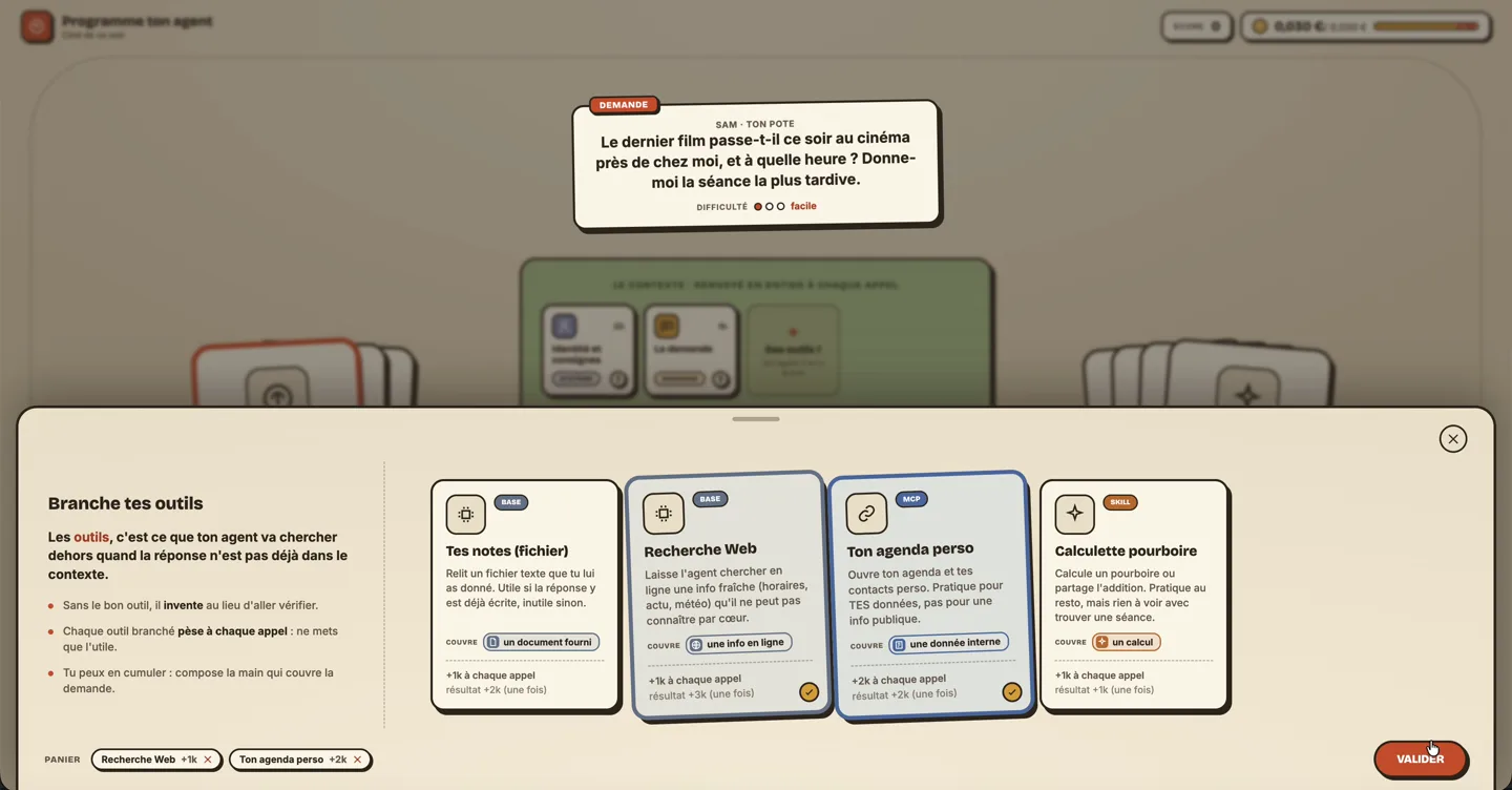 Construction : brancher les outils, chaque carte rejoint le contexte et pèse